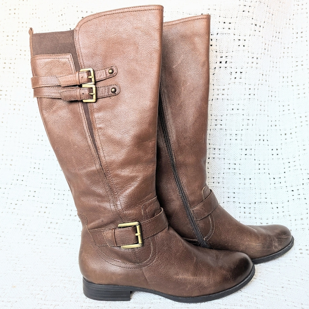 Naturalizer Jessie Leather Tall Riding Boots Wide Calf Brown Cinnamon US 9.5M